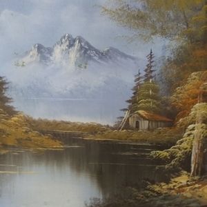 Vtg. Oil on Board/ Cabin/ Lake/ Mountain